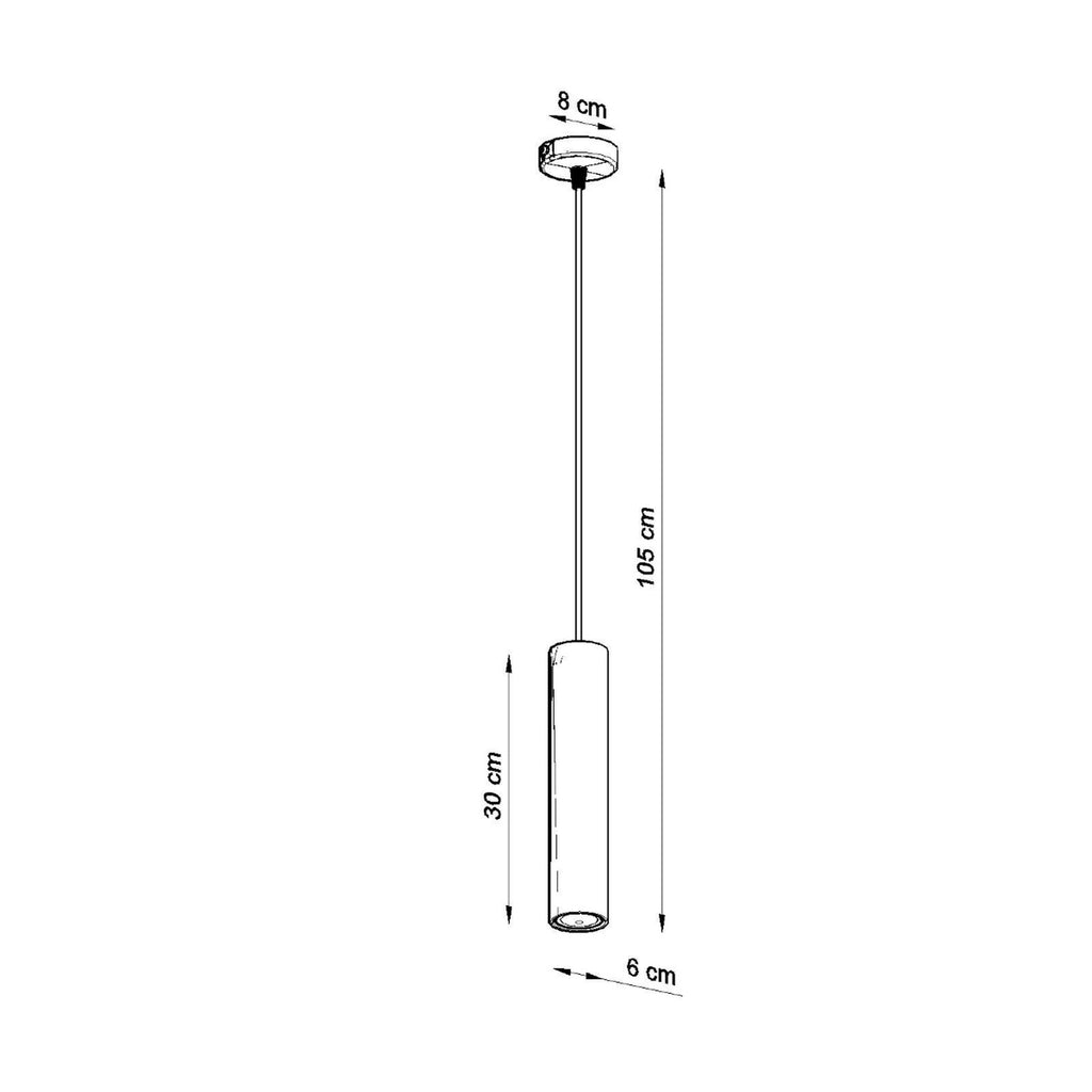 Schéma des dimensions de la suspension Lino, tube 6 x 30 cm, rosace 8 cm, câble jusqu'à 105 cm