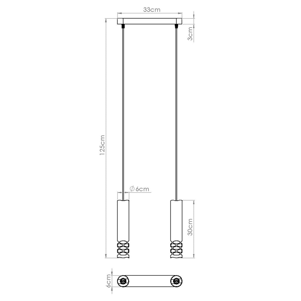 Schéma coté : Suspension Liro 2 tubes ajourés acier blanc GU10