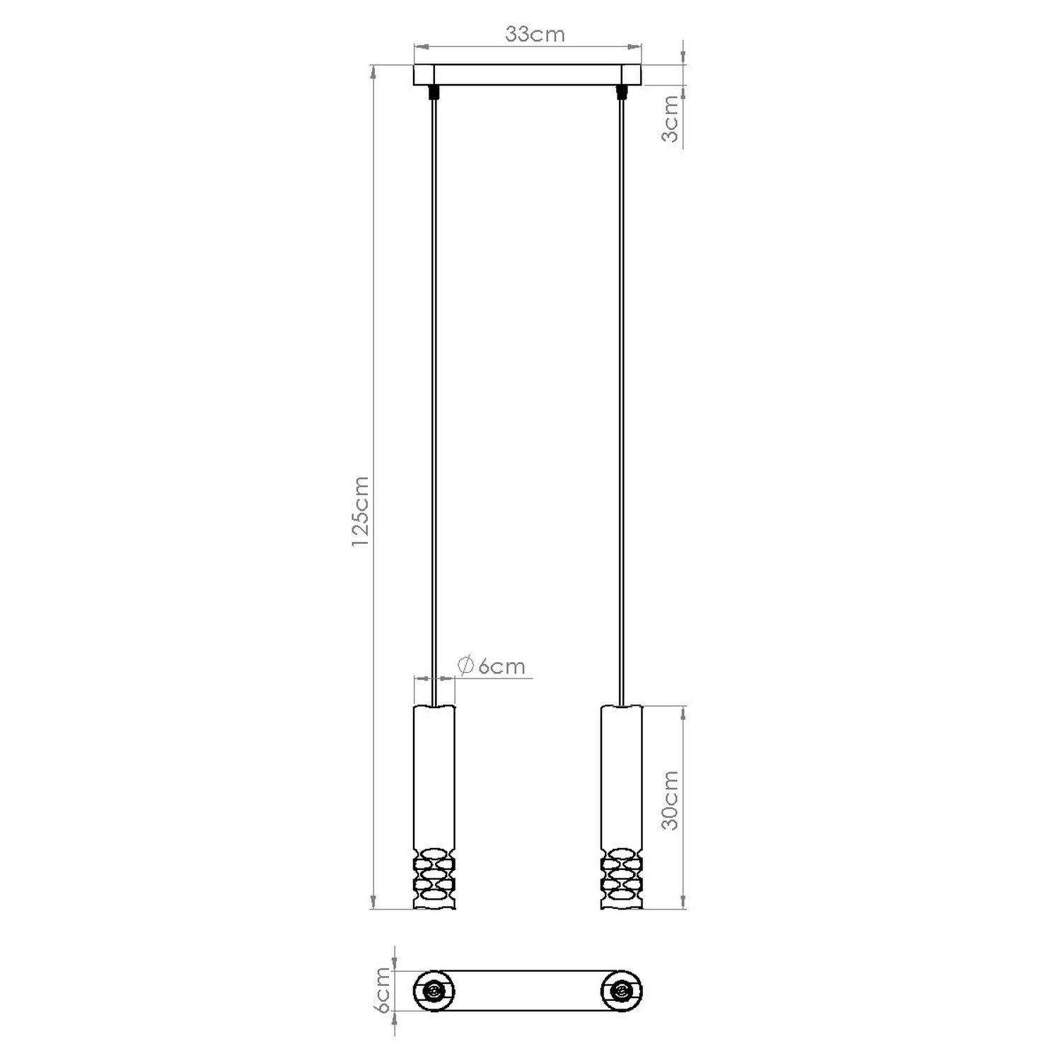 Schéma coté : Suspension Liro 2 tubes ajourés acier blanc GU10