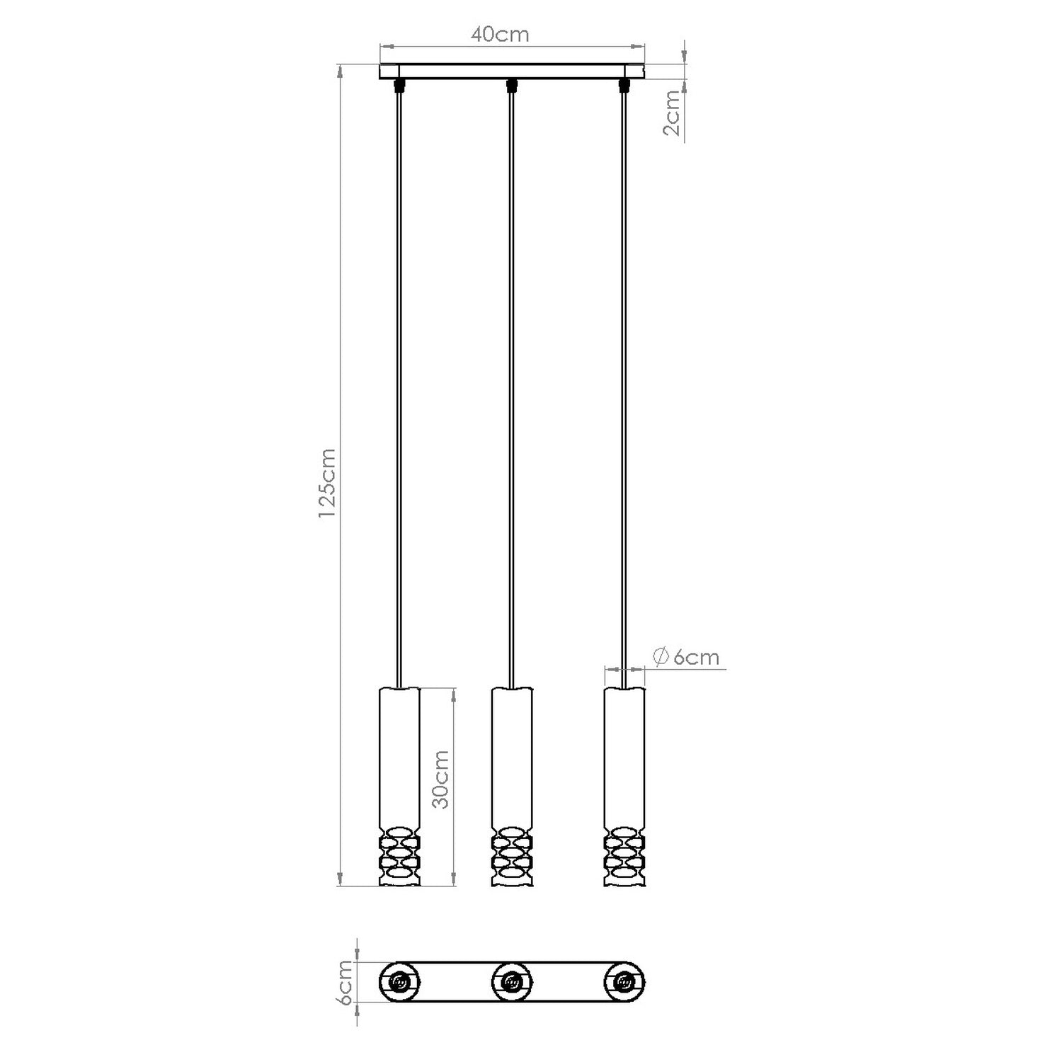 Schéma coté : Suspension Liro 3 tubes ajourés en ligne acier blanc GU10