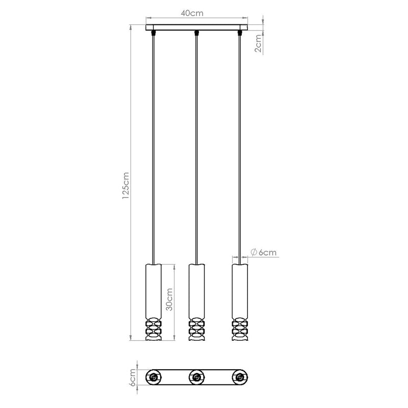 Dimensions Suspension Liro 3 tubes ajourés en ligne acier blanc GU10