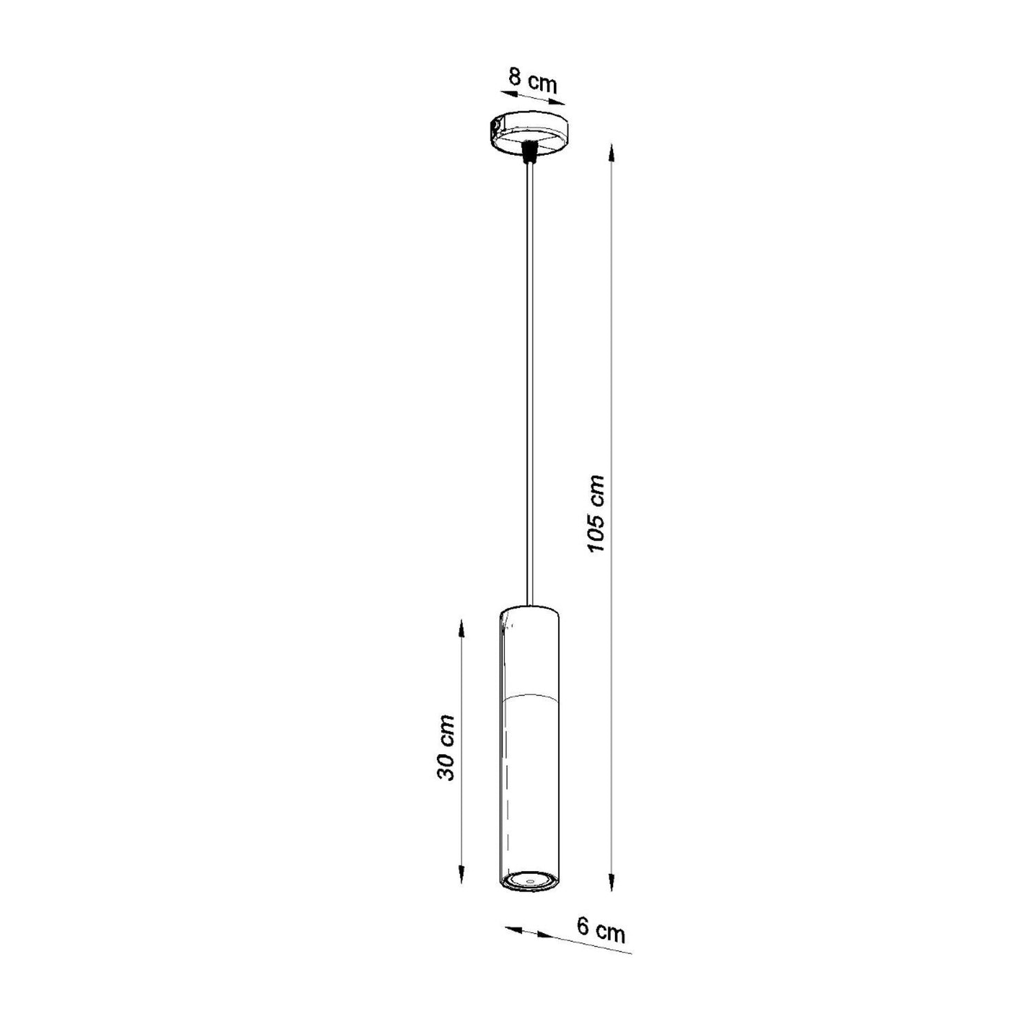 Schéma des dimensions de la suspension Pablo, rosace 8 cm, câble jusqu'à 105 cm, tube 30 cm