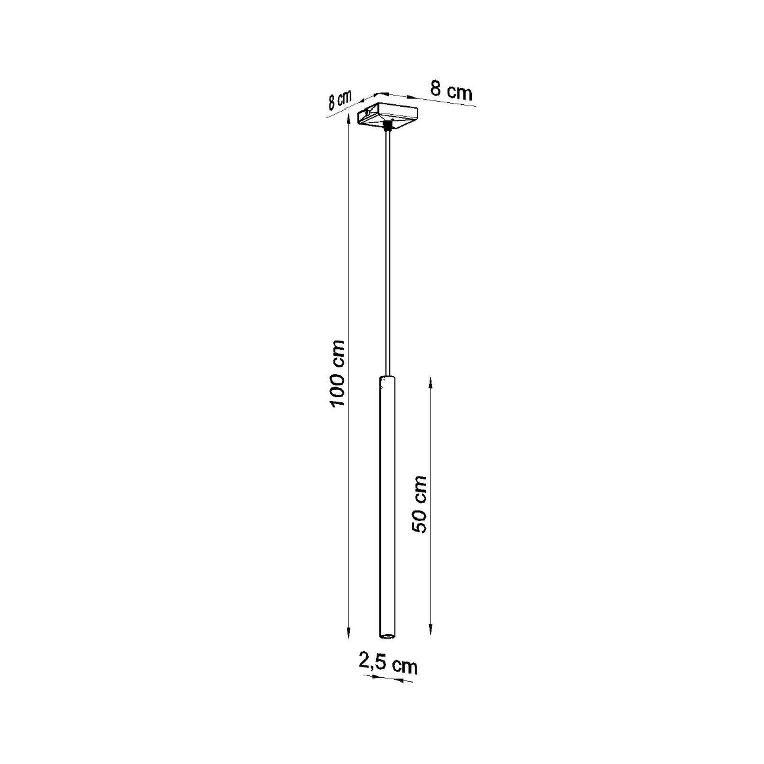Schéma des dimensions de la suspension Pastelo 1 : rosace : 8 x 8 cm, tube diamètre 2,5 cm