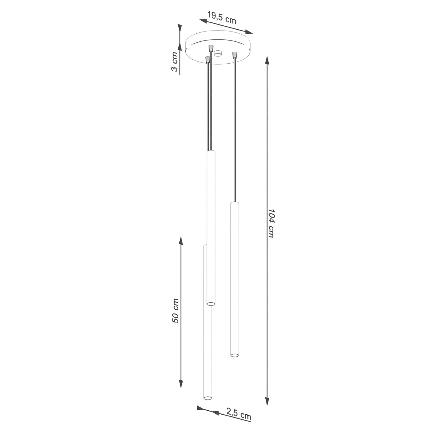 Schéma coté : Suspension Pastelo 3 en grappe tubes fins beige G9