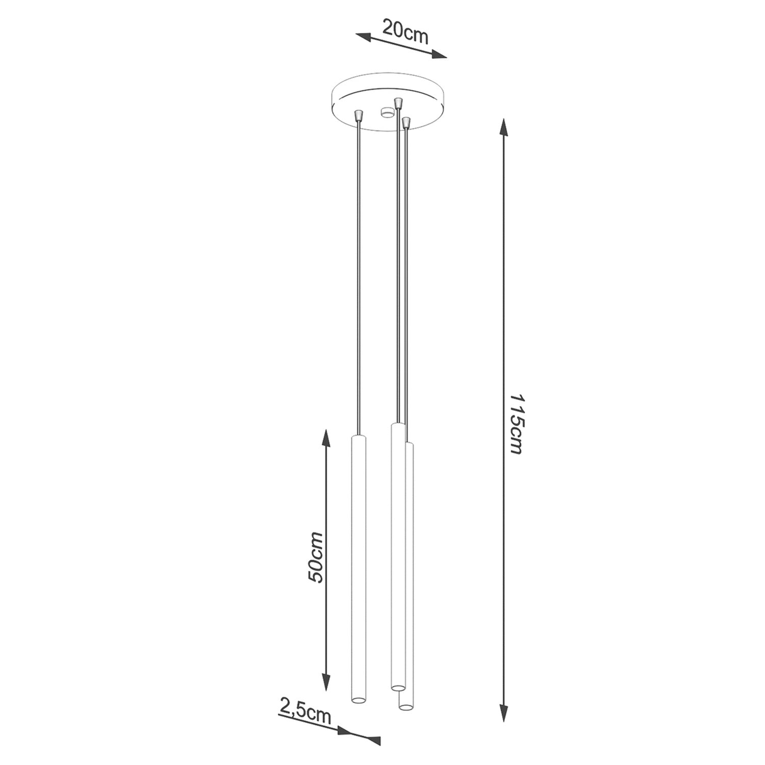 Schéma coté du Suspension Pastelo 3 en grappe tubes fins doré G9