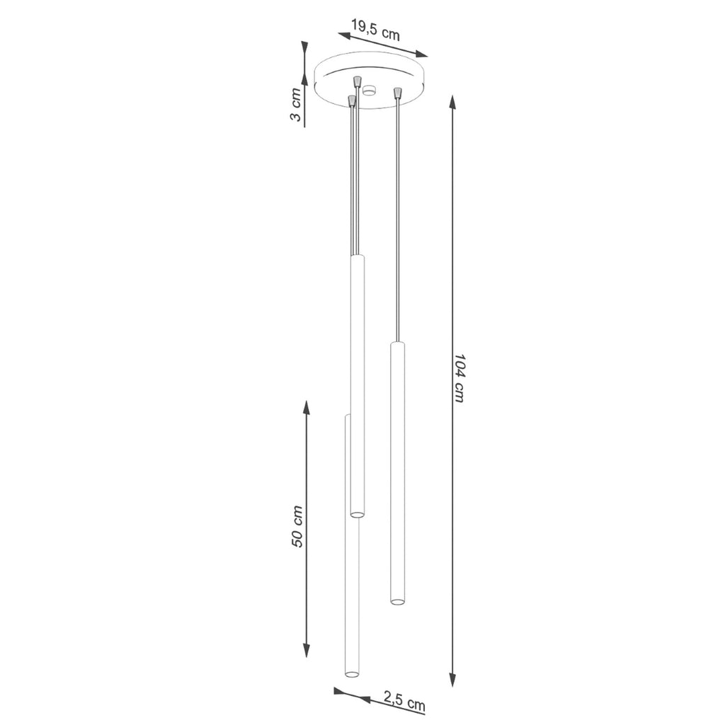 Schéma coté : Suspension Pastelo 3 en grappe tubes fins vert olive G9