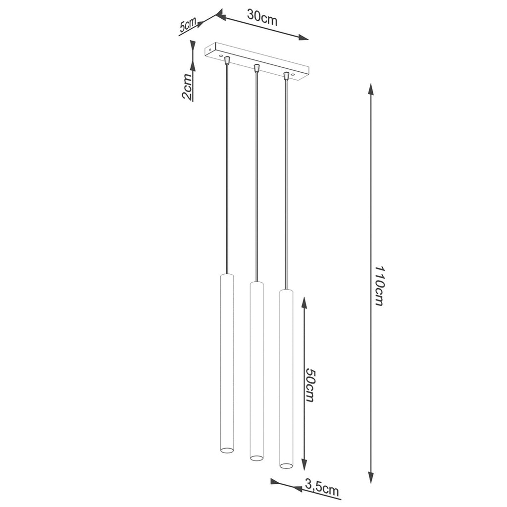 Schéma coté de la Suspension Pastelo 3 en ligne tubes fins bois G9