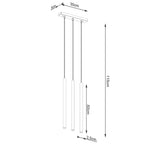Schéma coté du Suspension Pastelo 3 en ligne tubes fins doré G9