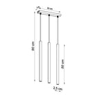 Schéma coté du Suspension Pastelo 3 en ligne tubes fins doré poli G9
