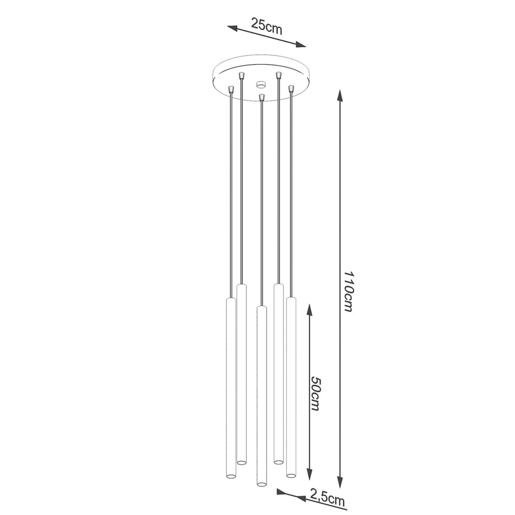 Schéma coté du Suspension Pastelo 5 en grappe tubes fins blanc G9