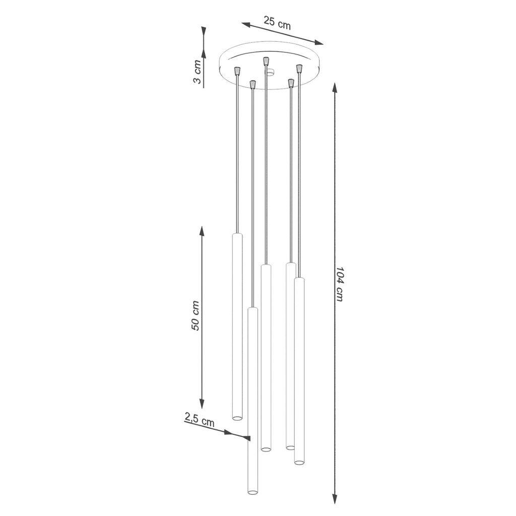Schéma coté : Suspension Pastelo 5 en grappe tubes fins vert olive G9