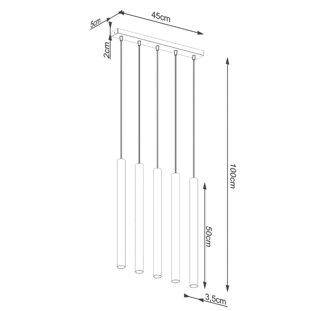 Schéma coté de la Suspension Pastelo 5 en ligne tubes fins béton gris G9
