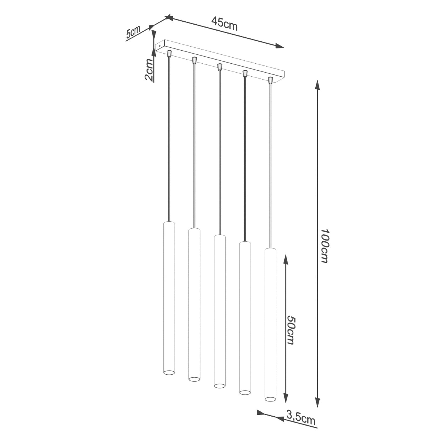 Schéma coté de la Suspension Pastelo 5 en ligne tubes fins béton gris G9