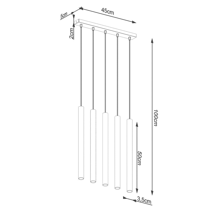 Dimensions Suspension Pastelo 5 en ligne tubes fins bois G9