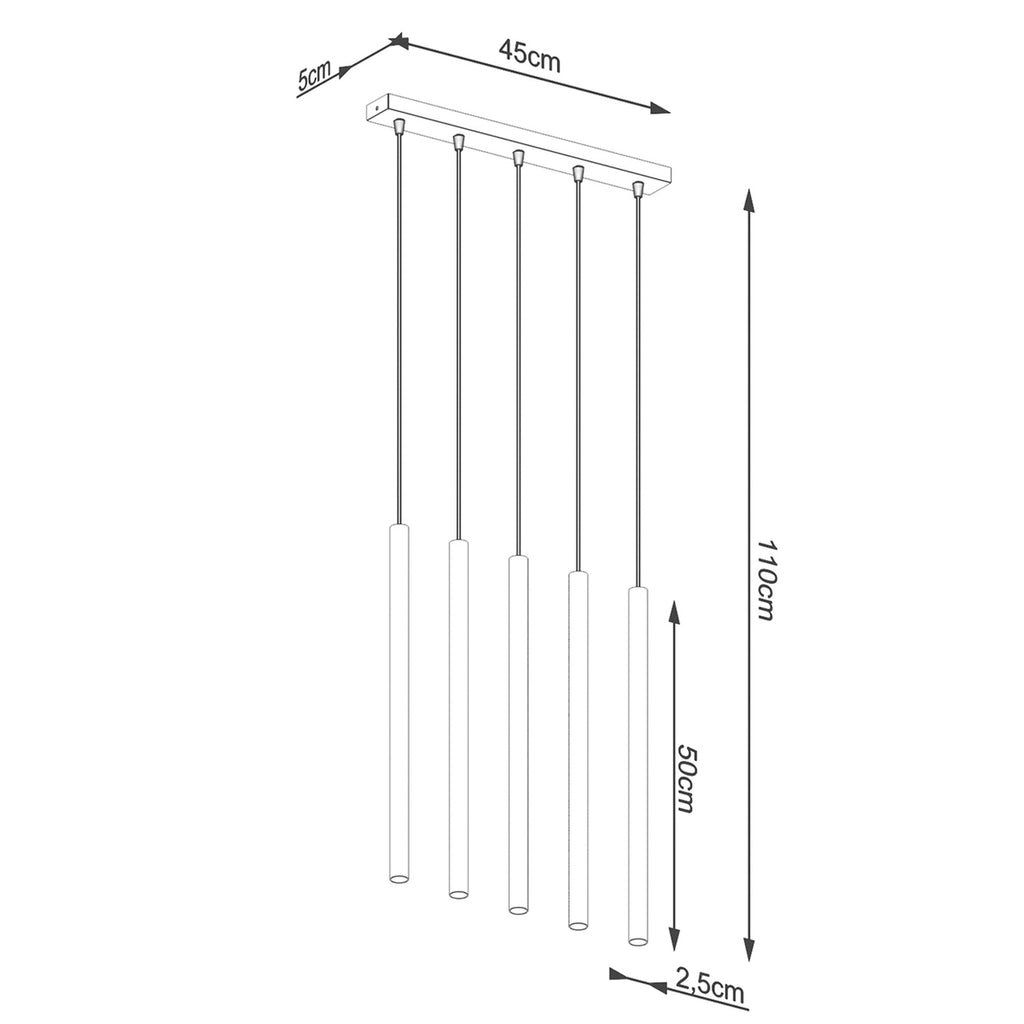 Schéma coté du Suspension Pastelo 5 en ligne tubes fins doré G9