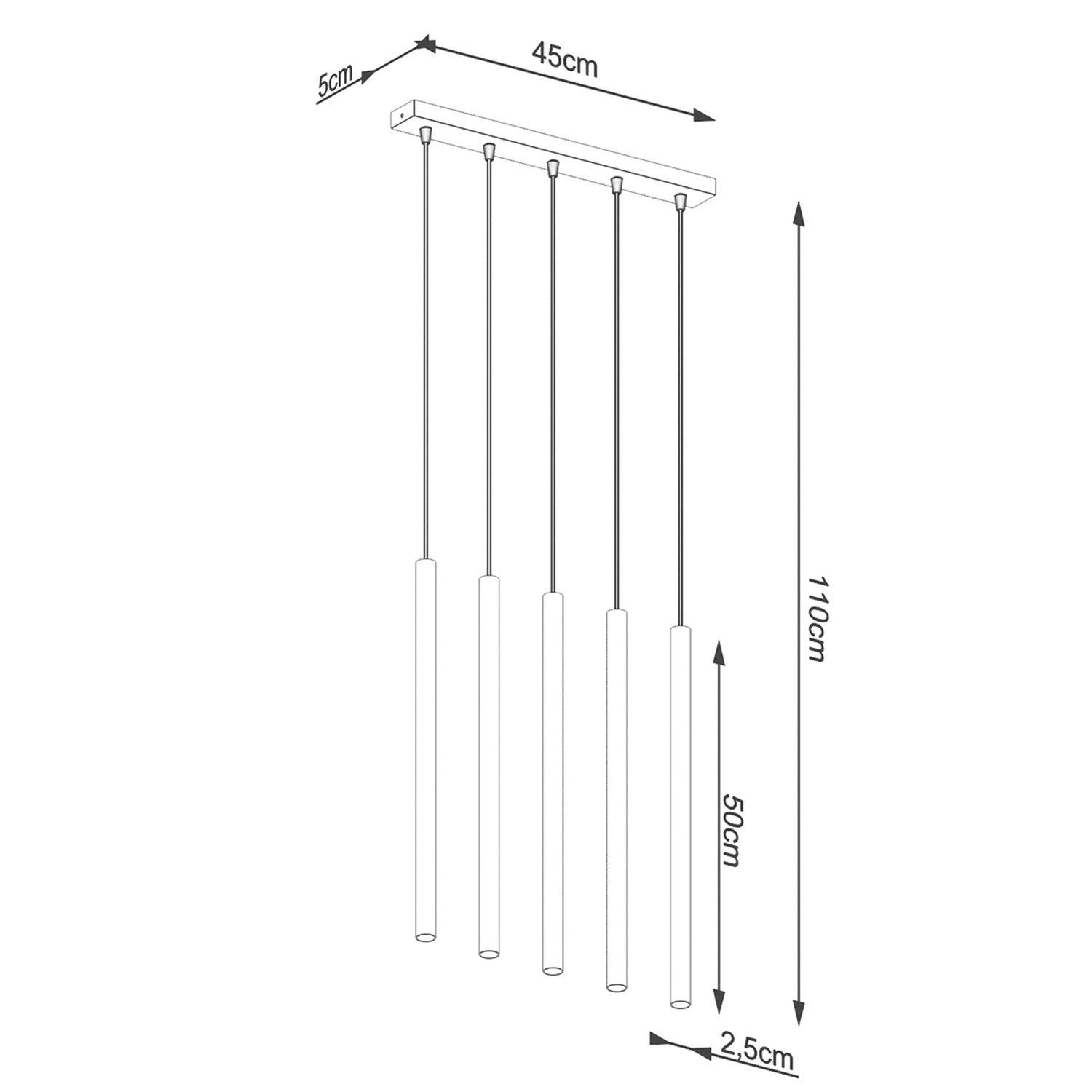 Schéma coté du Suspension Pastelo 5 en ligne tubes fins doré G9