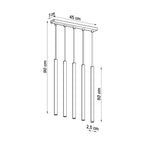 Schéma coté du Suspension Pastelo 5 en ligne tubes fins doré poli G9