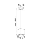 Schéma des dimensions de la suspension Quad 1 : hauteur du corps 10 cm, largeur 10 cm, profondeur 10 cm, longueur totale réglable jusqu'à 110 cm