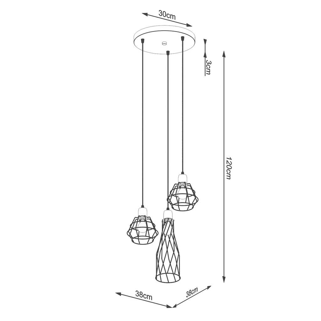 Schéma coté du Suspension Suba 3 en grappe métal noir E14