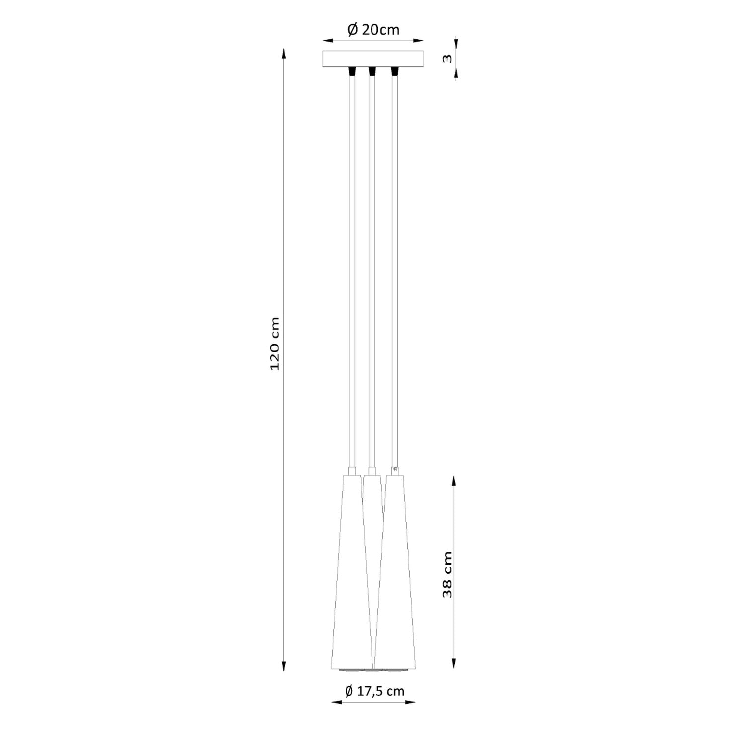 Schéma coté de la suspension Sula 3 en grappe bois naturel