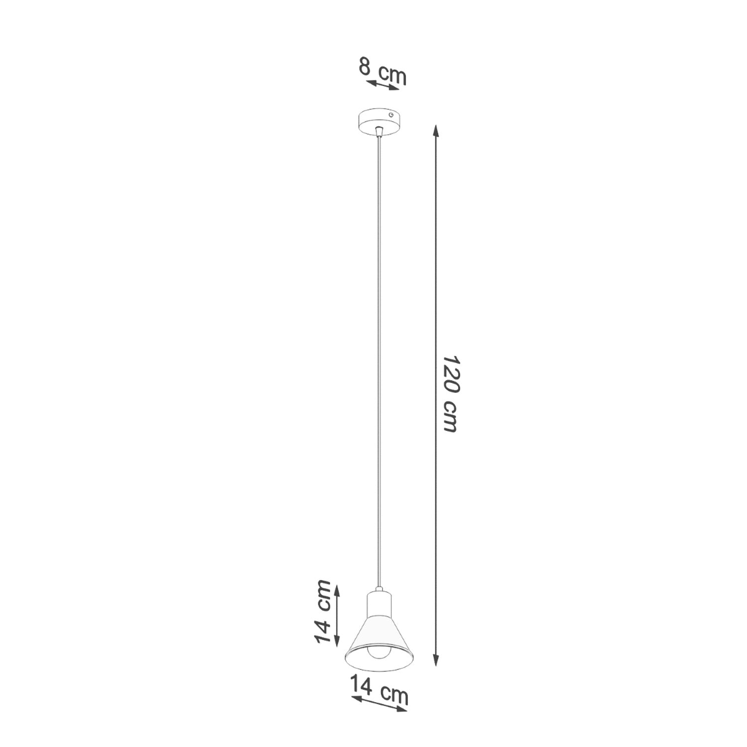 Schéma des dimensions de la suspension Taleja 1 : abat-jour 14 cm de diamètre et 14 cm de hauteur, chute réglable jusqu'à 120 cm