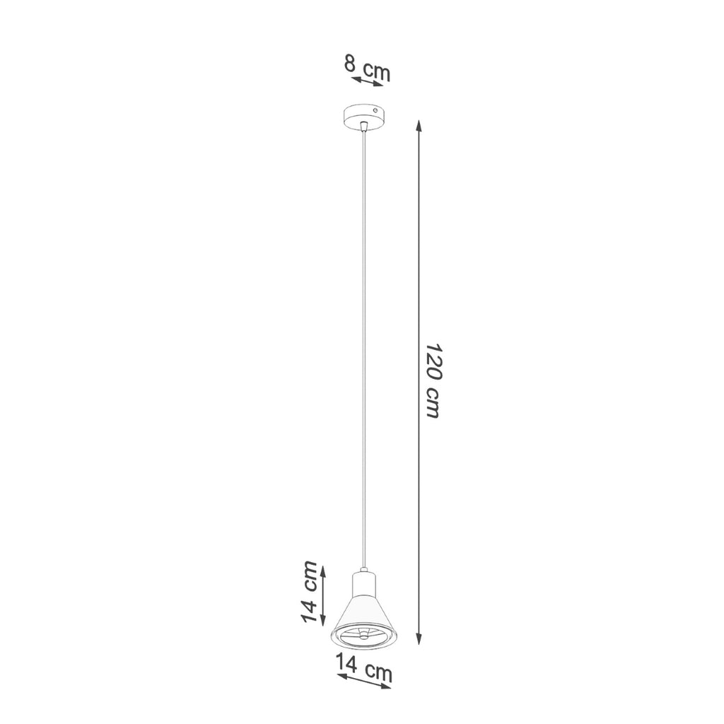 Schéma des dimensions de la suspension Taleja 1 ES111 : abat-jour 14 cm de diamètre et 14 cm de hauteur, chute réglable jusqu'à 120 cm