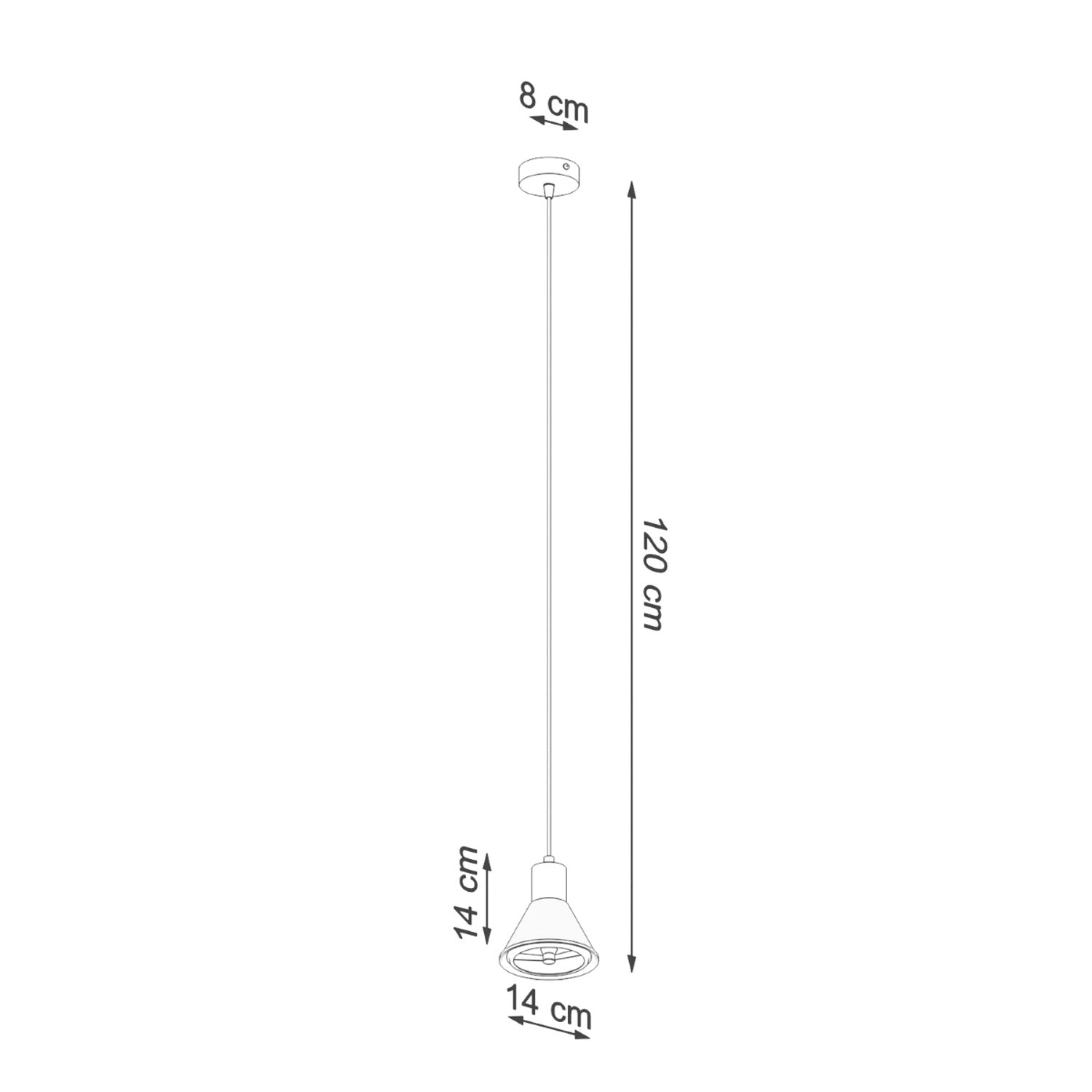 Schéma des dimensions de la suspension Taleja 1 ES111 : abat-jour 14 cm de diamètre et 14 cm de hauteur, chute réglable jusqu'à 120 cm