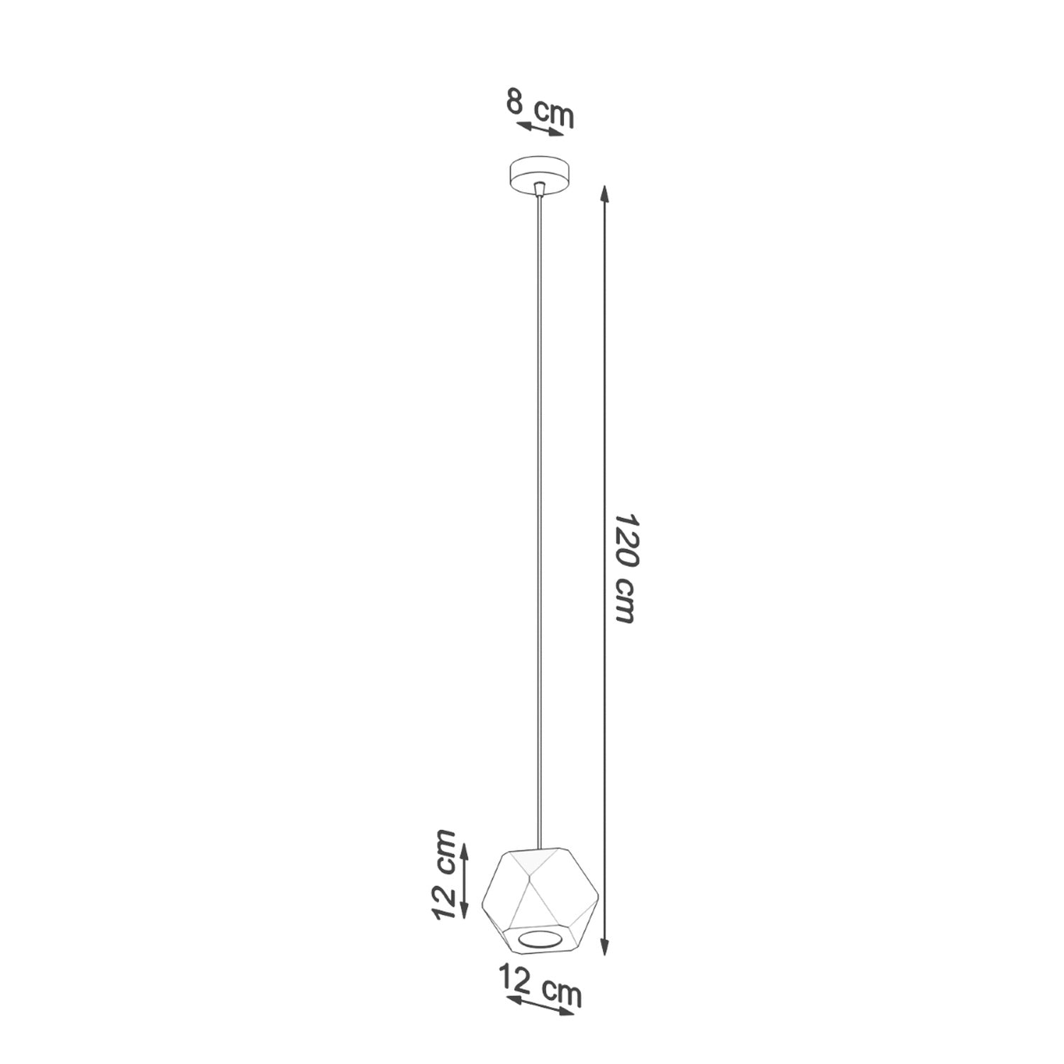 Schéma des dimensions de la suspension Woody : gemme 12 x 12 cm, chute réglable jusqu'à 120 cm