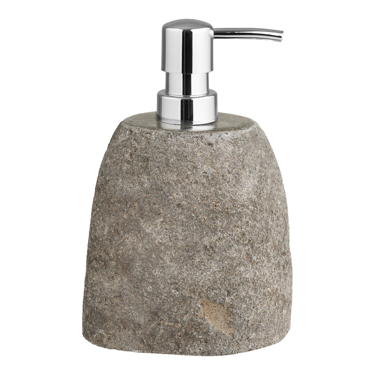 Distributeur de savon Gara en pierre de rivière grise vue de face avec sa pompe chromée