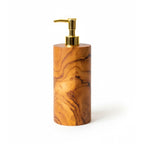 Distributeur de savon cylindrique en teck et pompe dorée 20 cm