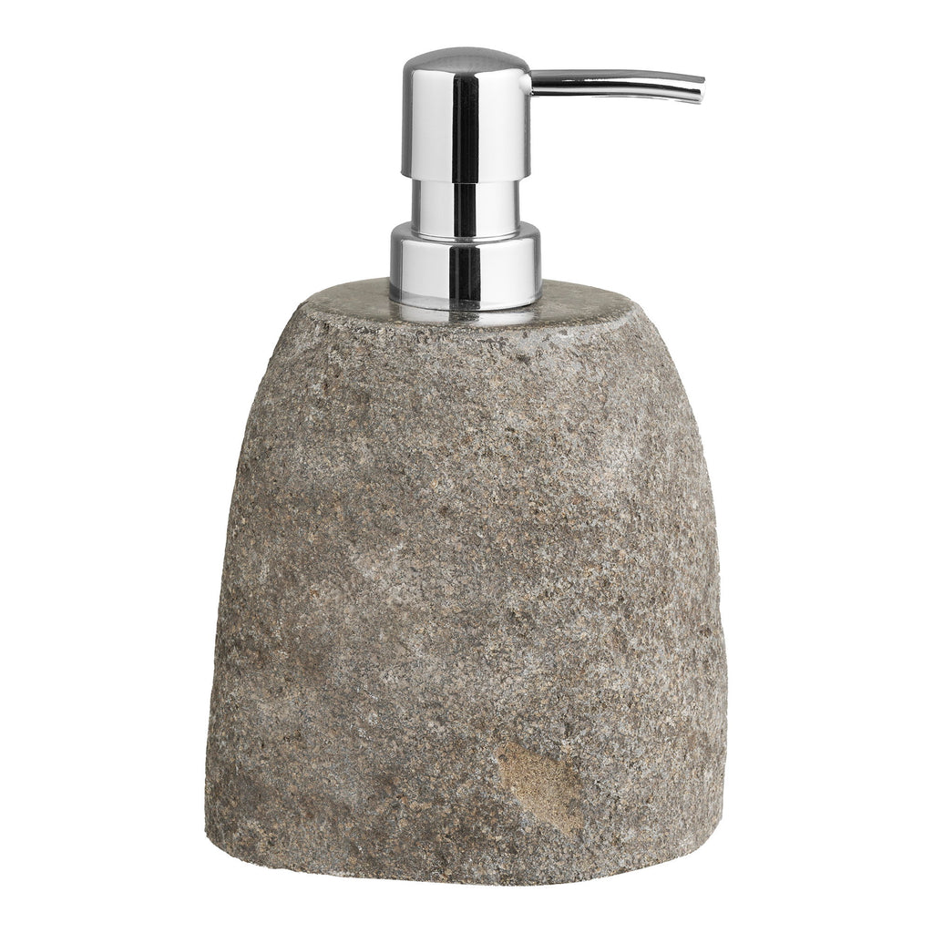 Distributeur savon Gara pierre rivière naturelle grise pompe chromée H18 cm vue face