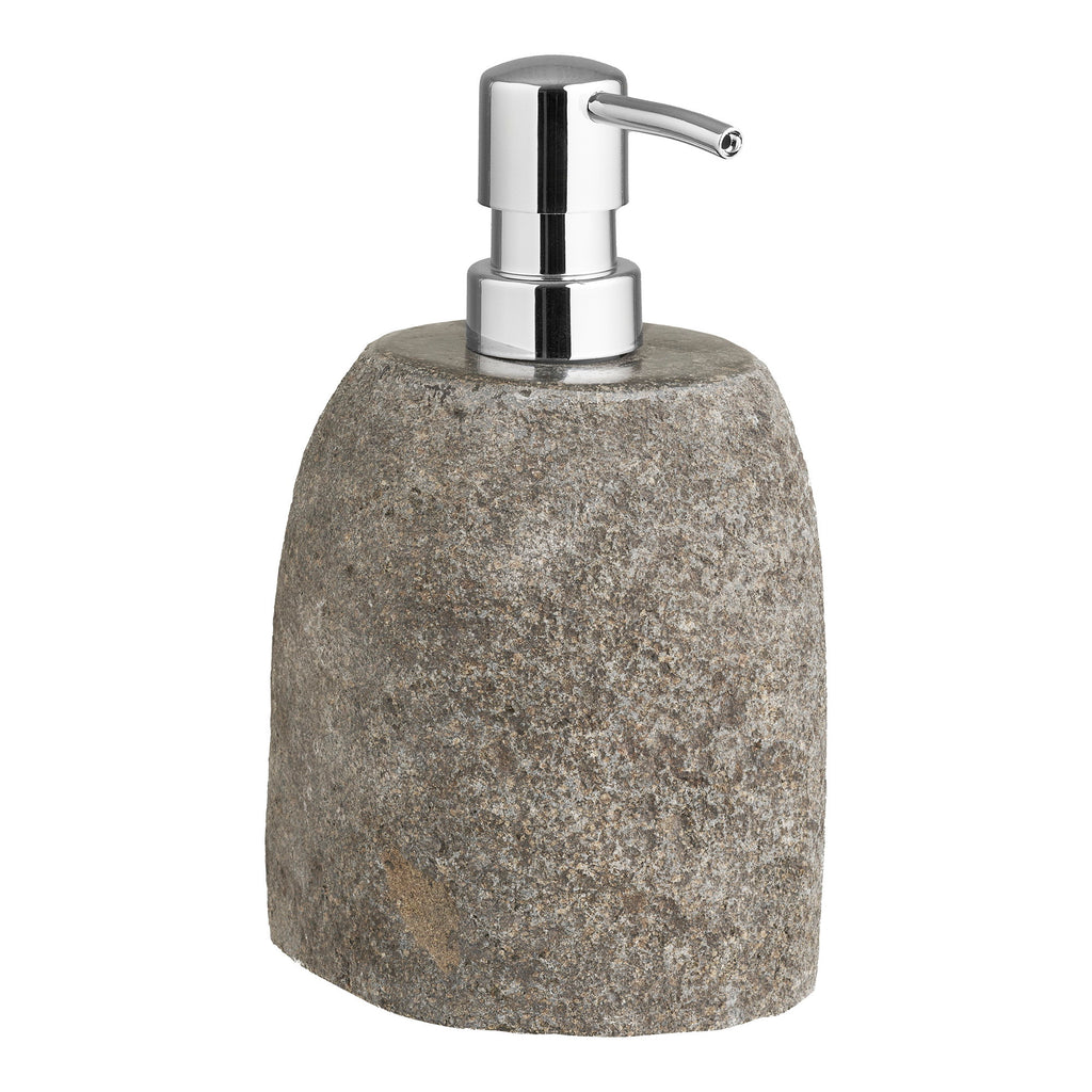 Distributeur savon Gara pierre rivière brute gris ardoise pompe chromée vue trois quarts