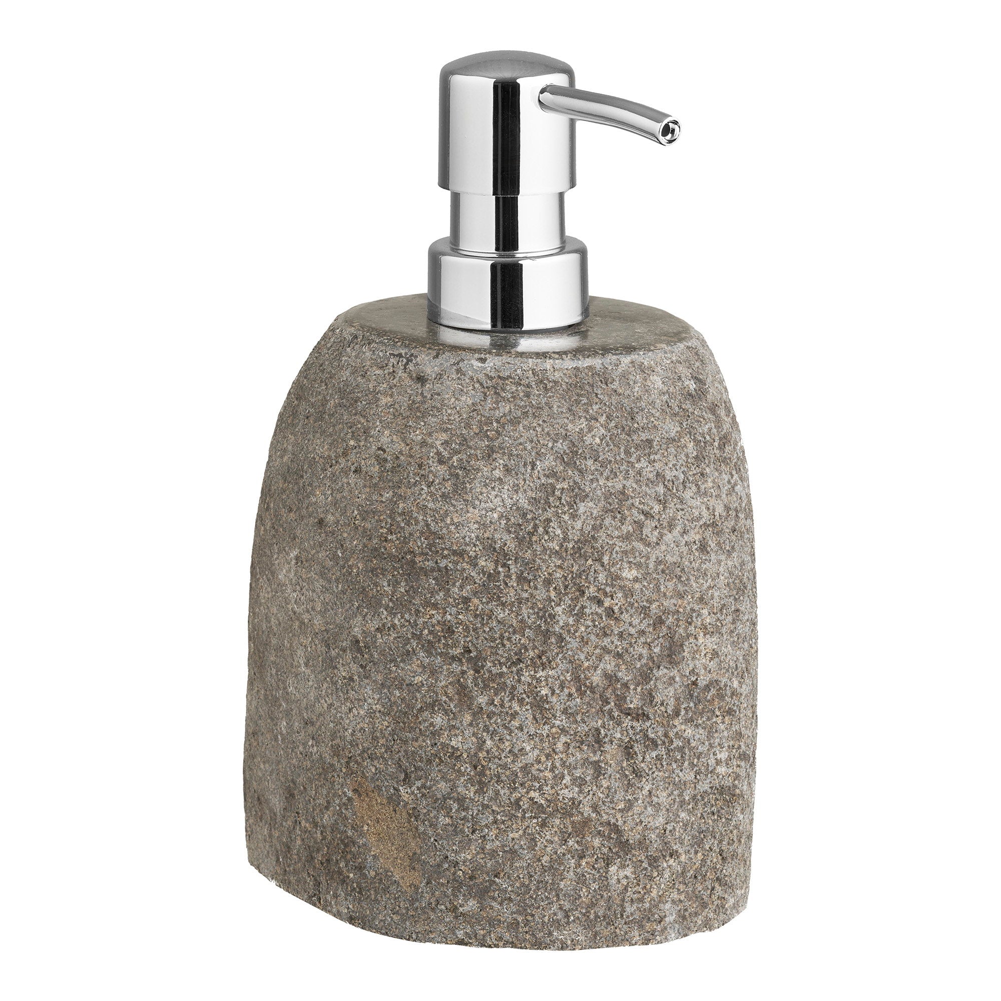 Distributeur savon Gara pierre rivière brute gris ardoise pompe chromée vue trois quarts