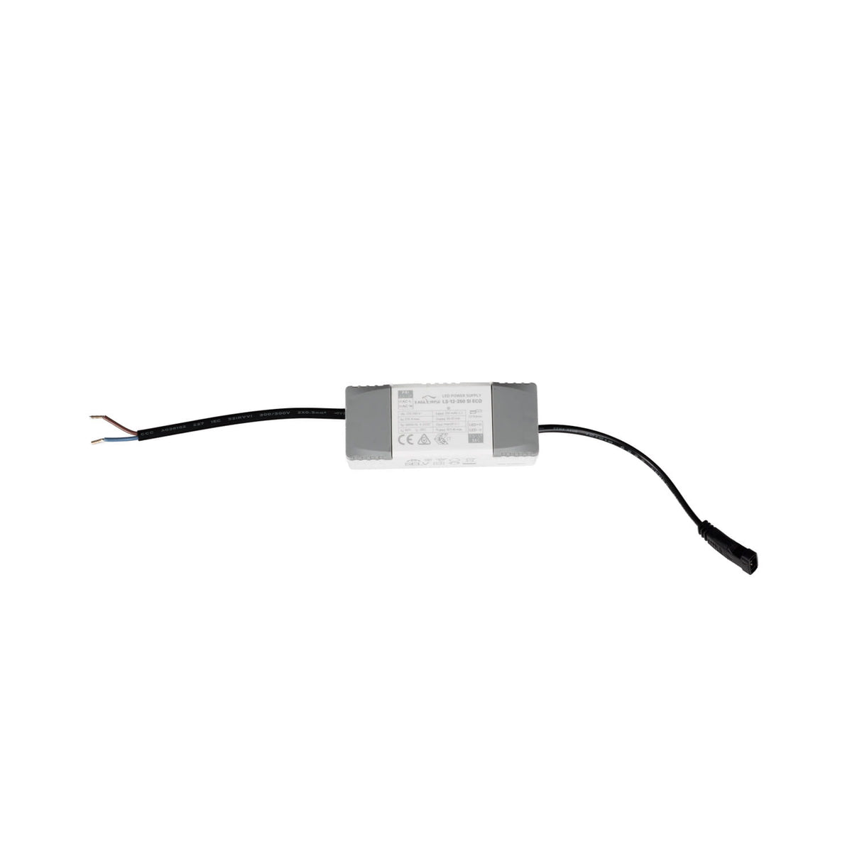 Driver LED HT190 boîtier blanc aux embouts gris avec câble secteur à fils dénudés et câble à connecteur
