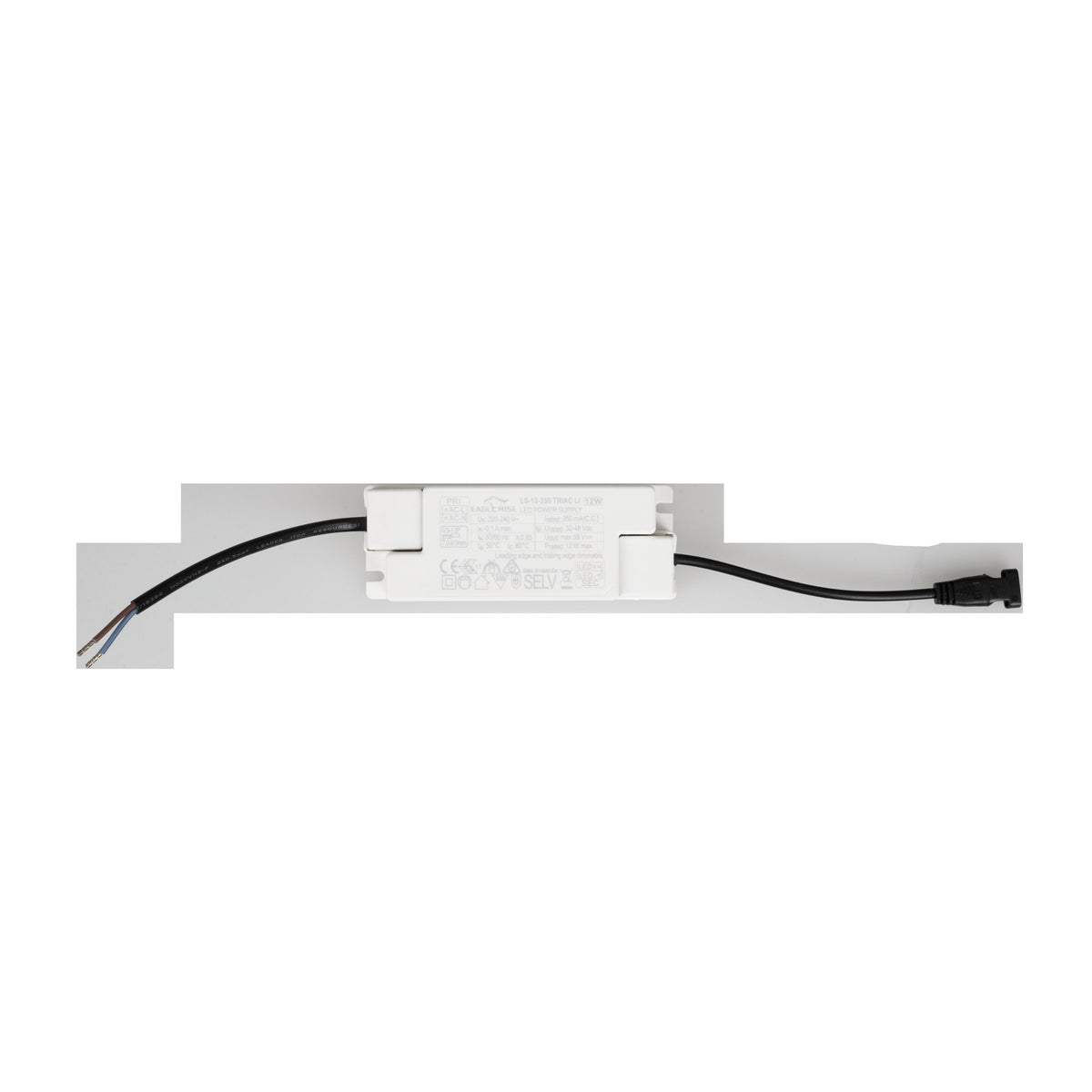 Driver LED HT190 boîtier blanc plat avec son câble d'entrée à deux fils et son câble de sortie à connecteur