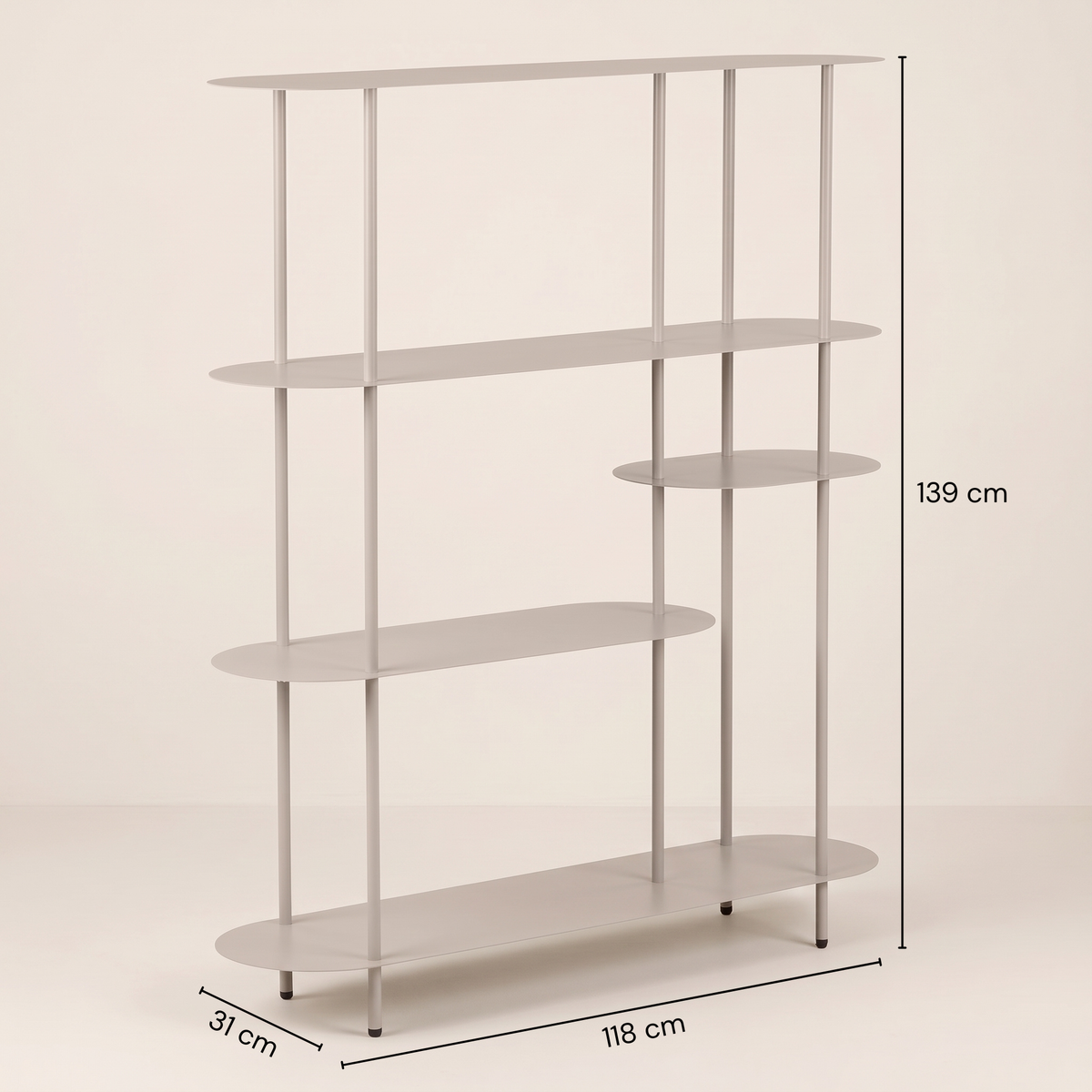 Croquis coté de l'étagère bibliothèque Rieti asymétrique : 118 cm de large, 31 cm de profondeur, 139 cm de haut