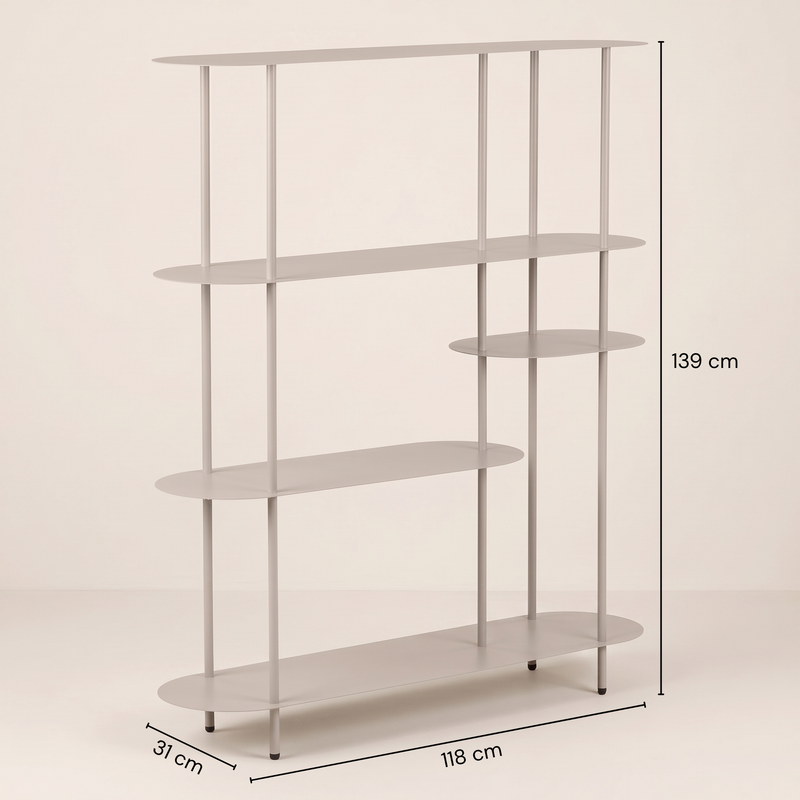Dimensions Bibliotecă Rieti din metal în culoarea nisipului, asimetrică