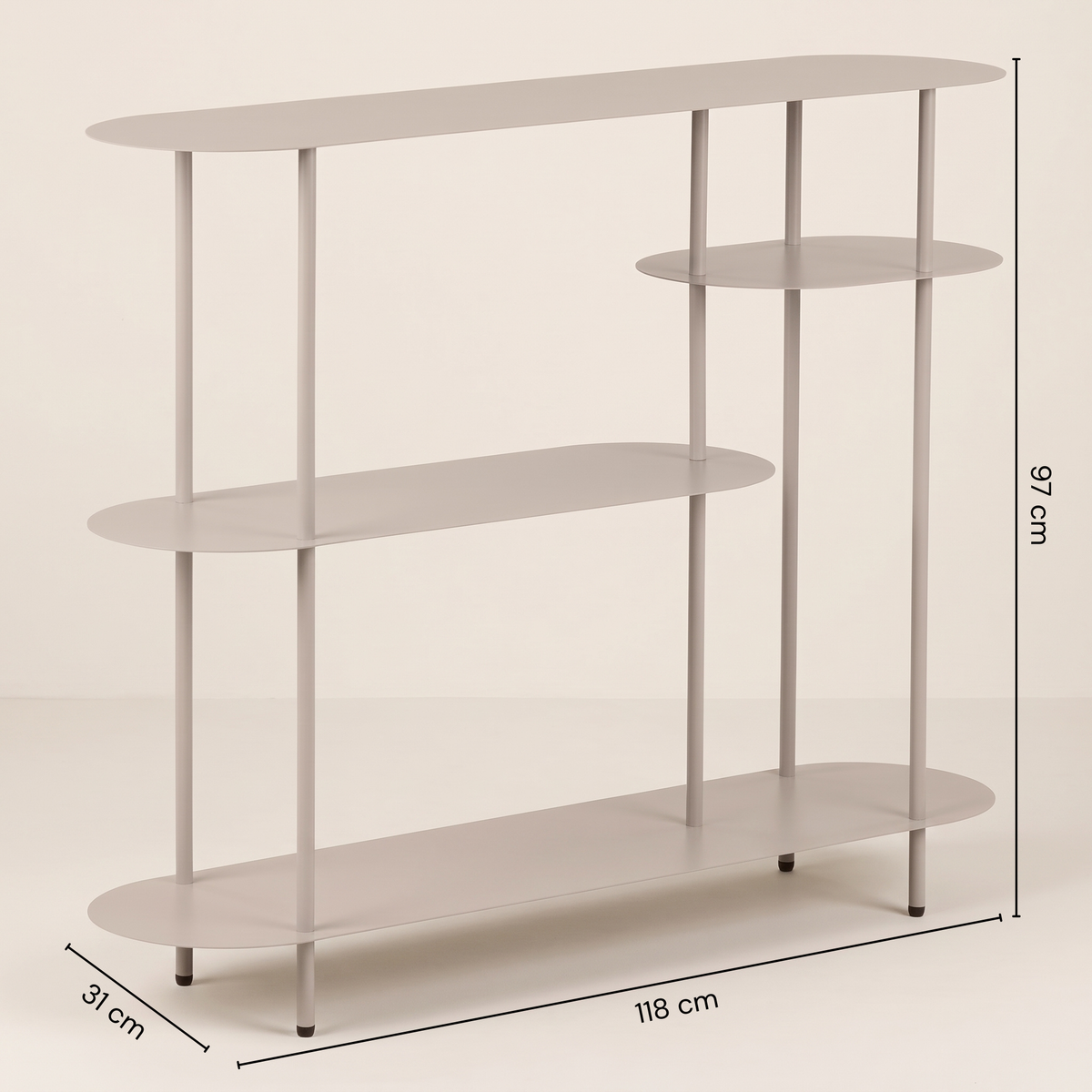 Croquis coté de l'étagère console Rieti : 118 cm de large, 31 cm de profondeur, 97 cm de haut