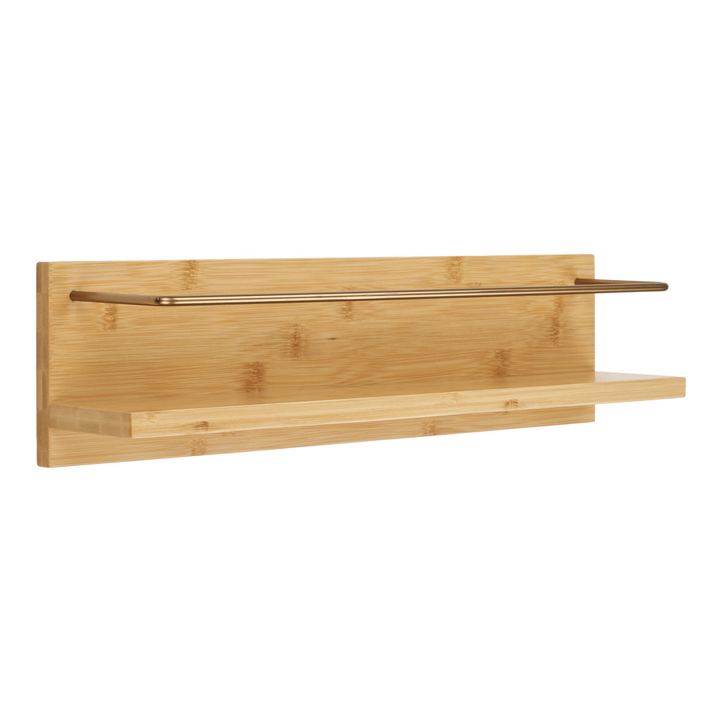 Étagère murale Ember bambou naturel tringle dorée brossée vue trois quarts profil 45 cm