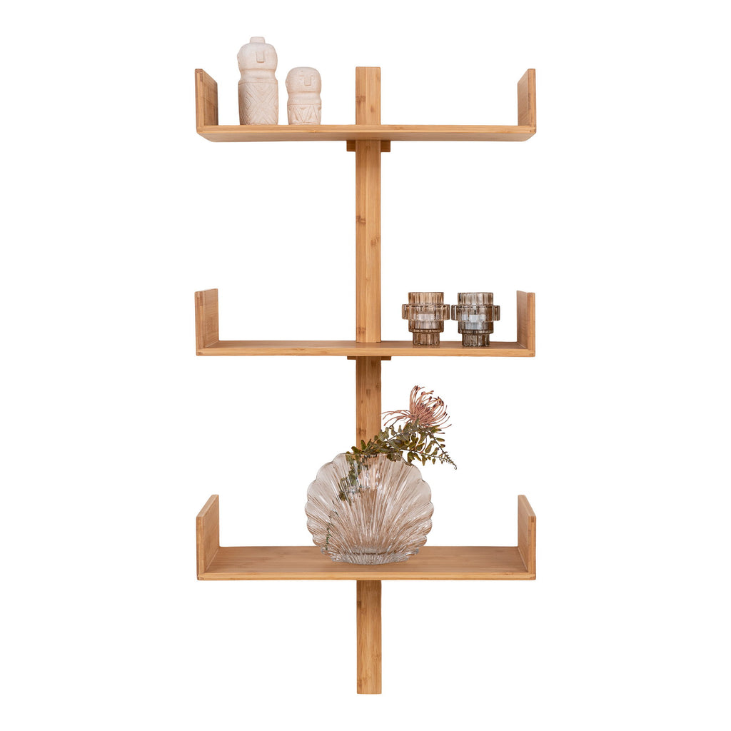 Étagère Villa bambou 3 niveaux avec figurines céramique photophores vase coquillage verre