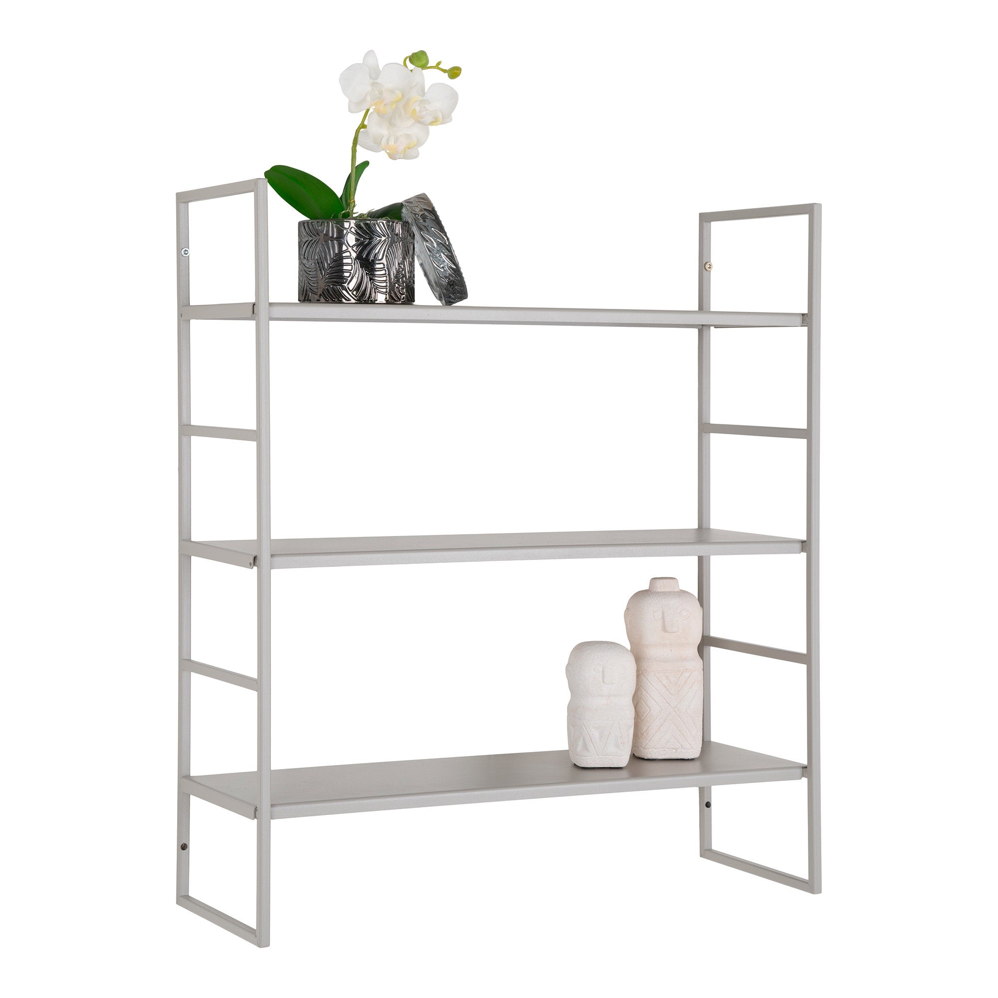 Étagère murale Beja grise 3 tablettes styled objets déco vue trois quarts