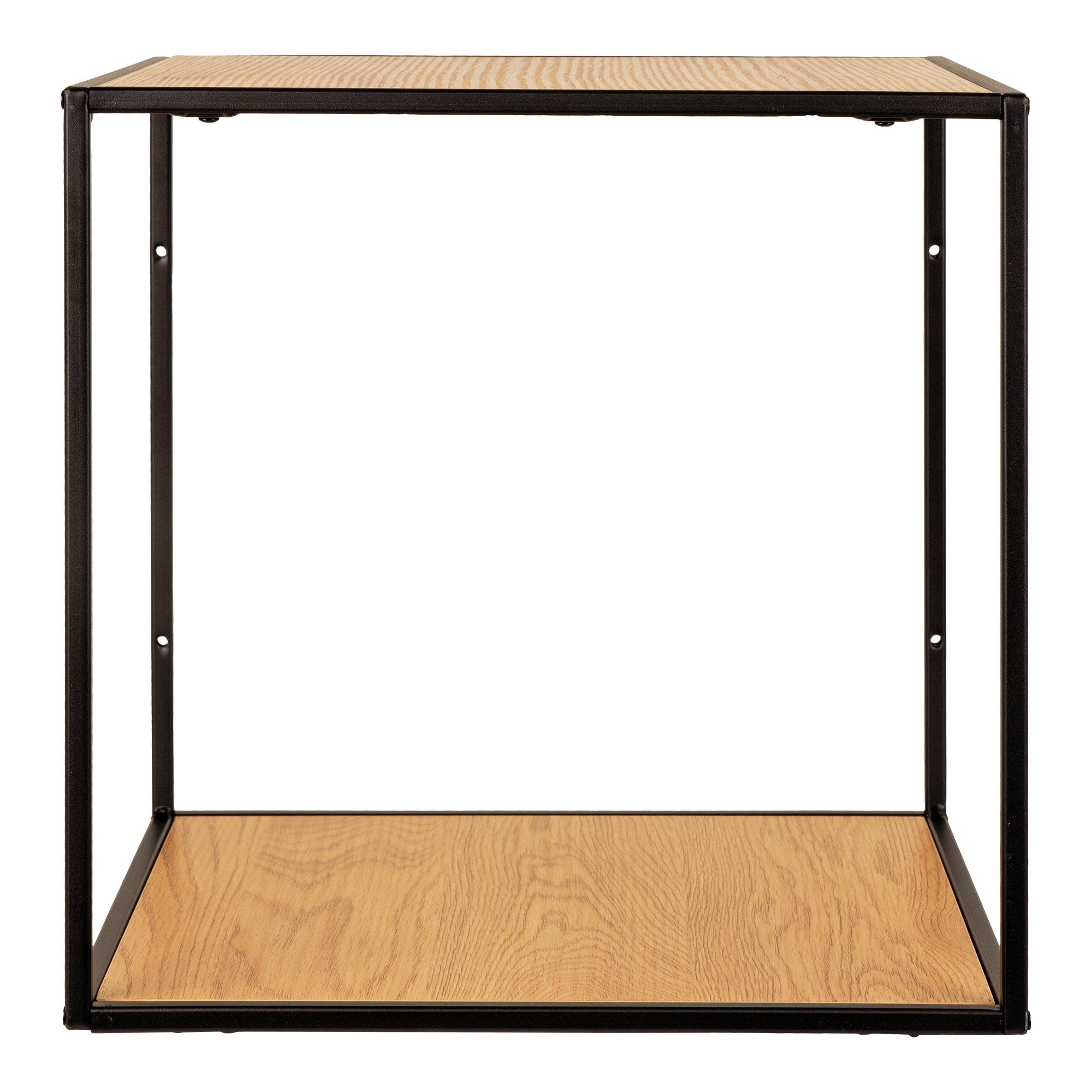Étagère murale cube Vita acier noir décor chêne vue de face vide fond blanc