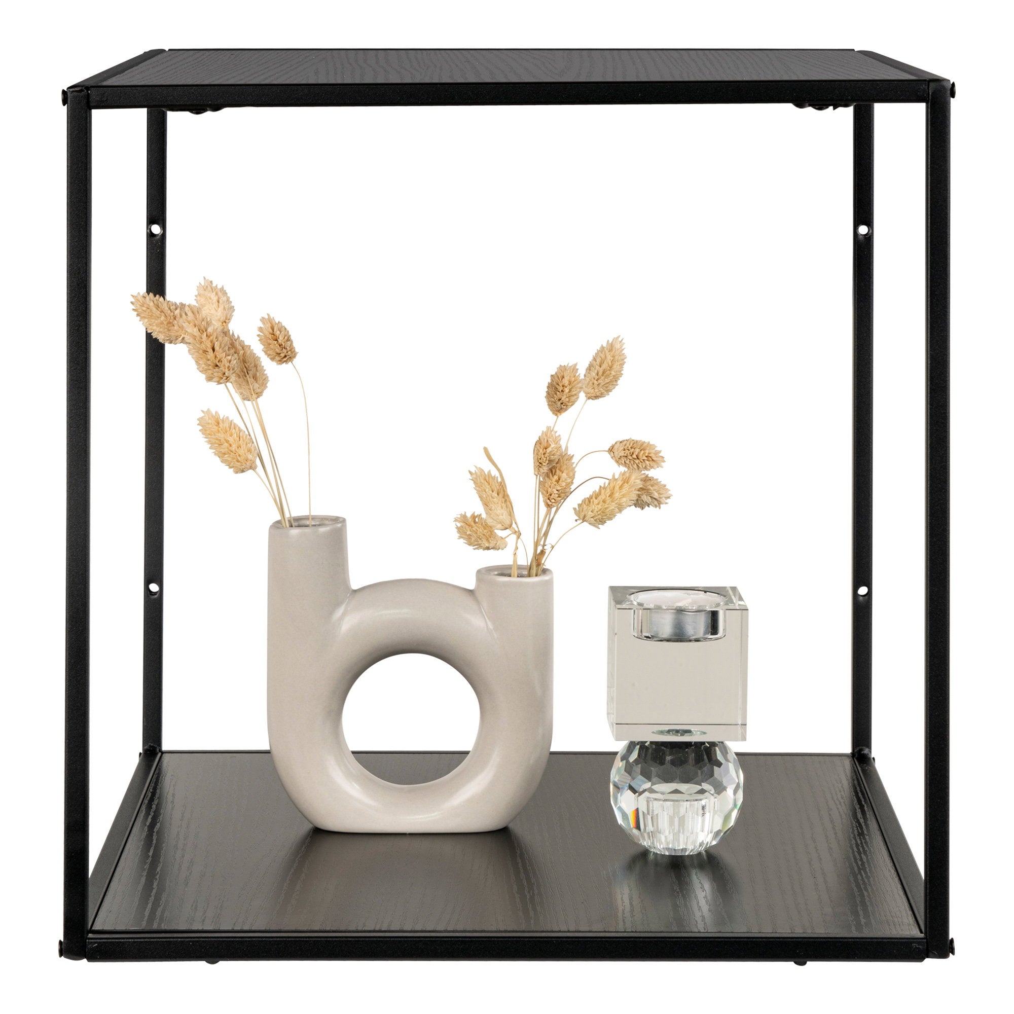 Étagère cube Vita noir vue de face avec vase céramique et bougeoir verre