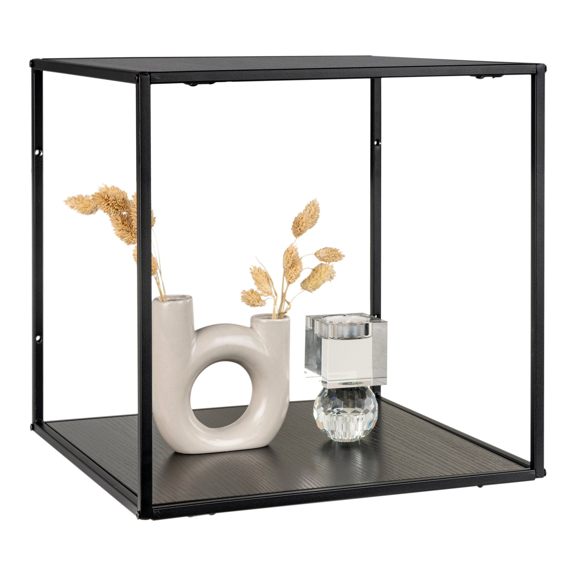 Étagère murale cube Vita tout noir 36x36 cm acier chêne noir avec vases fleurs séchées
