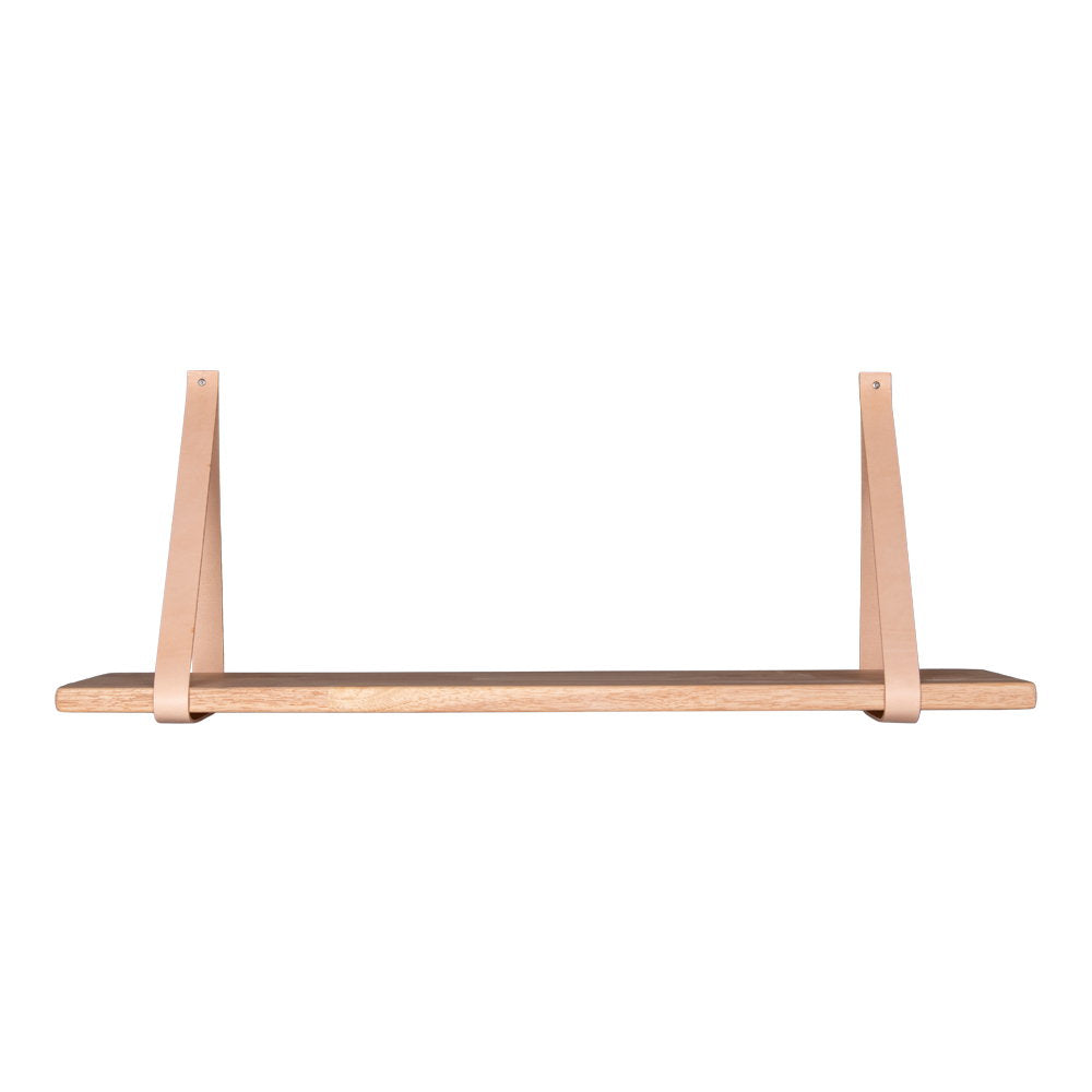 Étagère murale Forno bois de caoutchouc naturel sangles cuir 120 cm vue de face