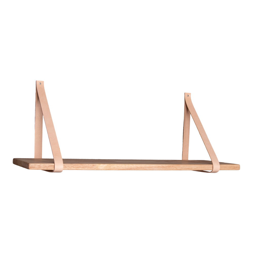 Étagère murale Forno bois naturel sangles cuir naturel 120x20 cm vue trois quarts