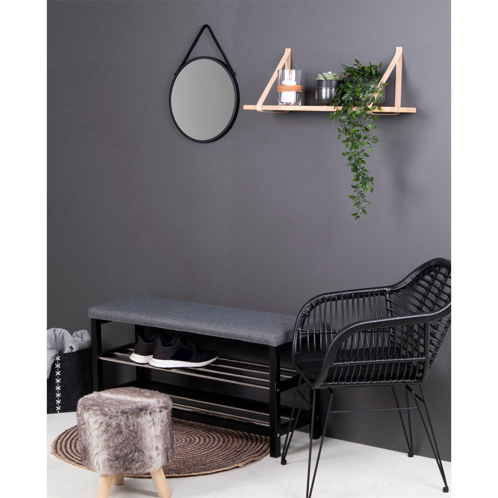Étagère murale Forno bois naturel cuir en situation entrée avec miroir rond et plante