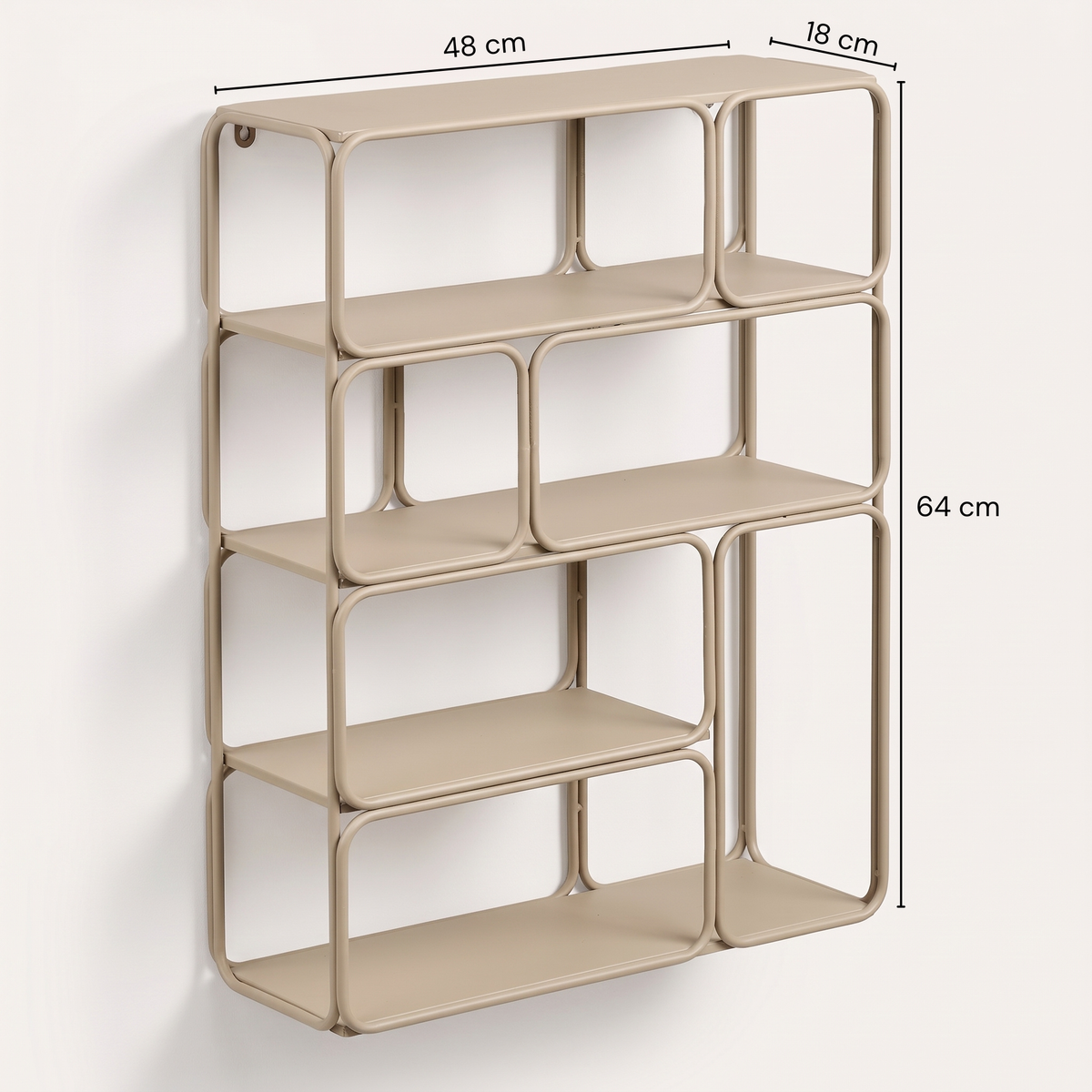 Dimensions de l'étagère murale Lanciano : 48 cm de large, 64 cm de haut, 18 cm de profondeur