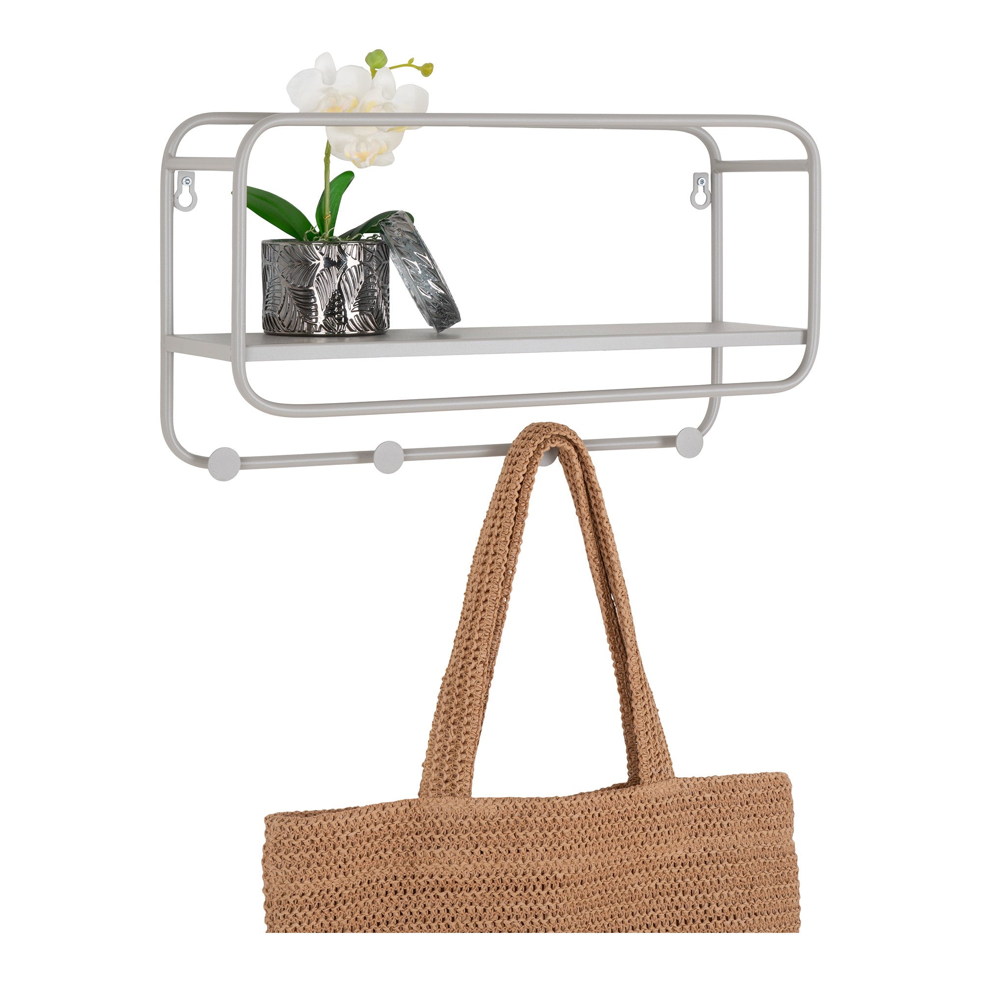 Étagère murale Feira grise styled sac tressé et décoration entrée