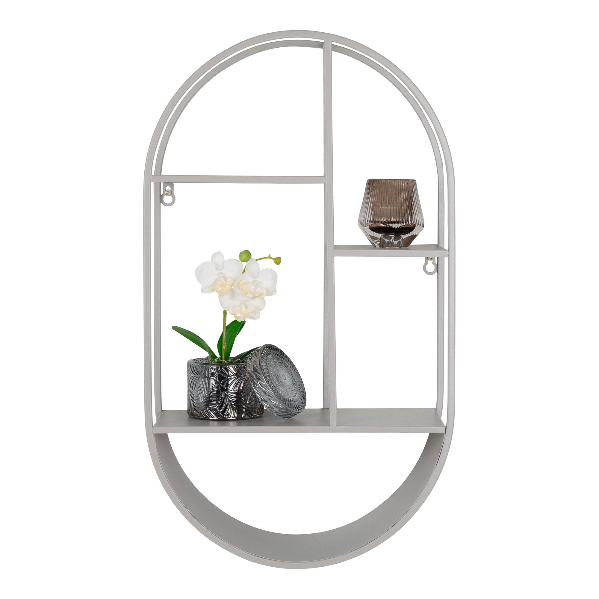 Étagère murale ovale Feira gris perle avec orchidée vase verre fumé et photophore